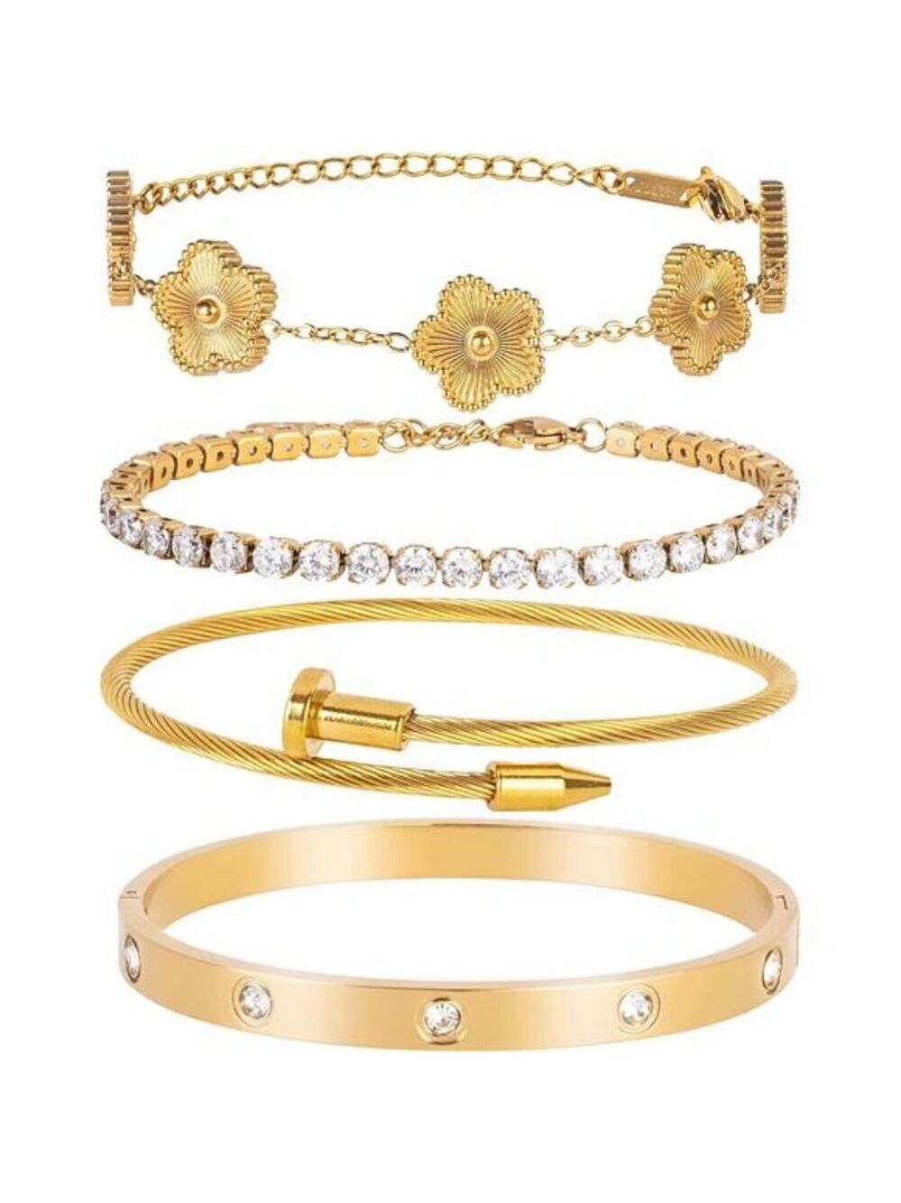 18K Gold Plated Bracelet Set Women Stackable Tennis Love Clover Adjustable Jewel